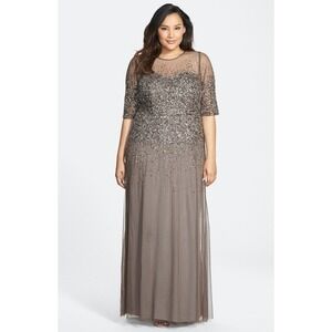 chinese dress ladies One Shoulder Beaded Metallic Floral Gown In Sage Multi